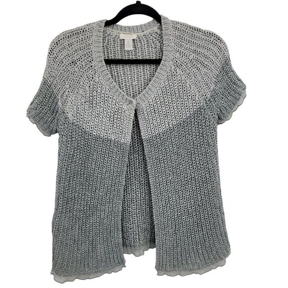 Chico's Cardigan Formal Silver Open Knit Short Sleeve Sheer Lettuce Ruffle 0 - Picture 3 of 16